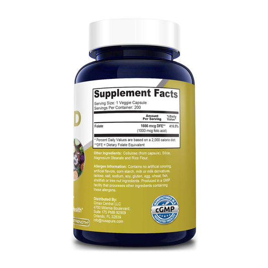 Etiqueta frontal NusaPure ácido fólico 1000 mcg