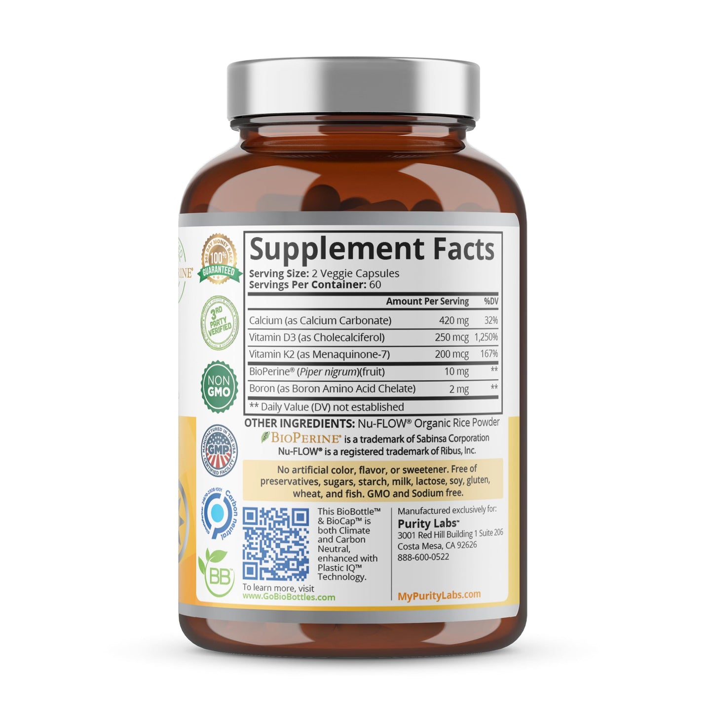 Etiqueta frontal Purity Labs Vitamina D3 K2 con 120 cápsulas