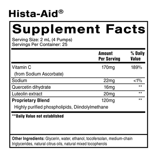 Etiqueta frontal Quicksilver Scientific Hista-Aid suplemento líquido