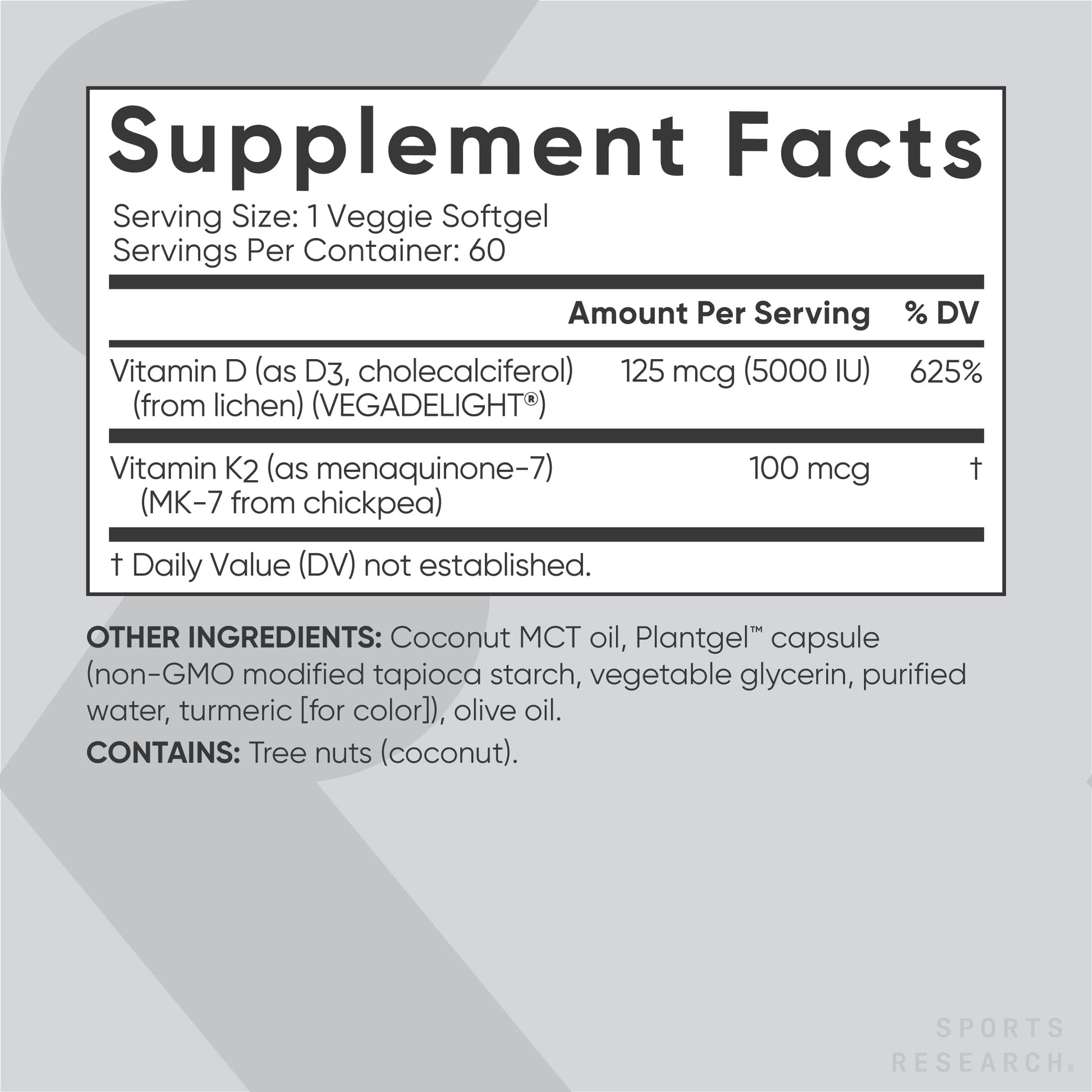 Etiqueta frontal suplemento Sports Research D3 K2 colágeno omega 3