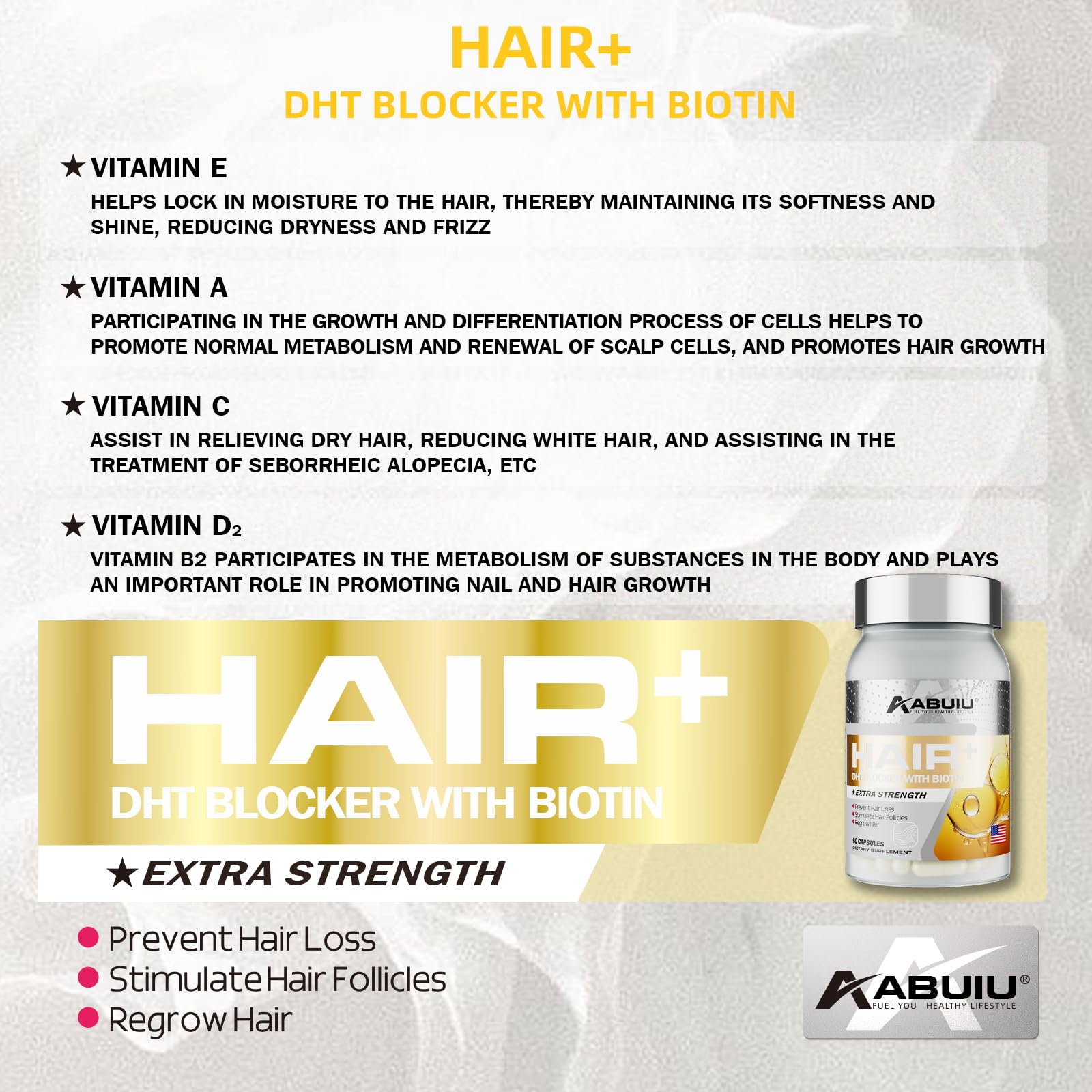Etiqueta frontal suplemento ABUIU biotina 5000 mcg