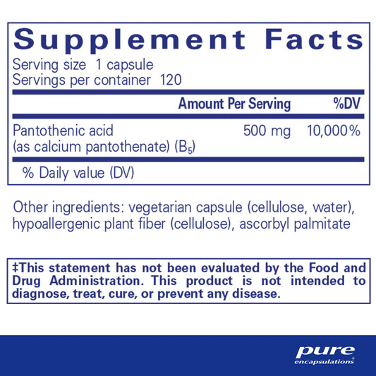 Etiqueta frontal suplemento ácido pantoténico Pure Encapsulations