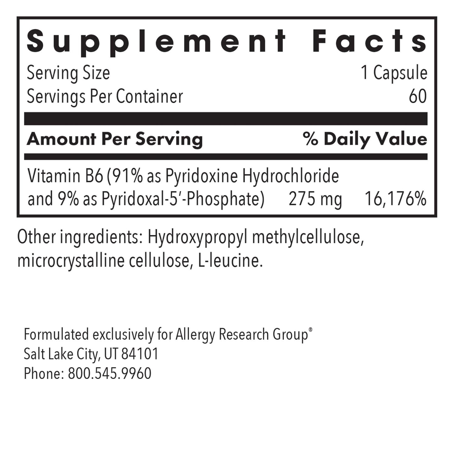 Etiqueta frontal suplemento B6 activo Allergy Research Group