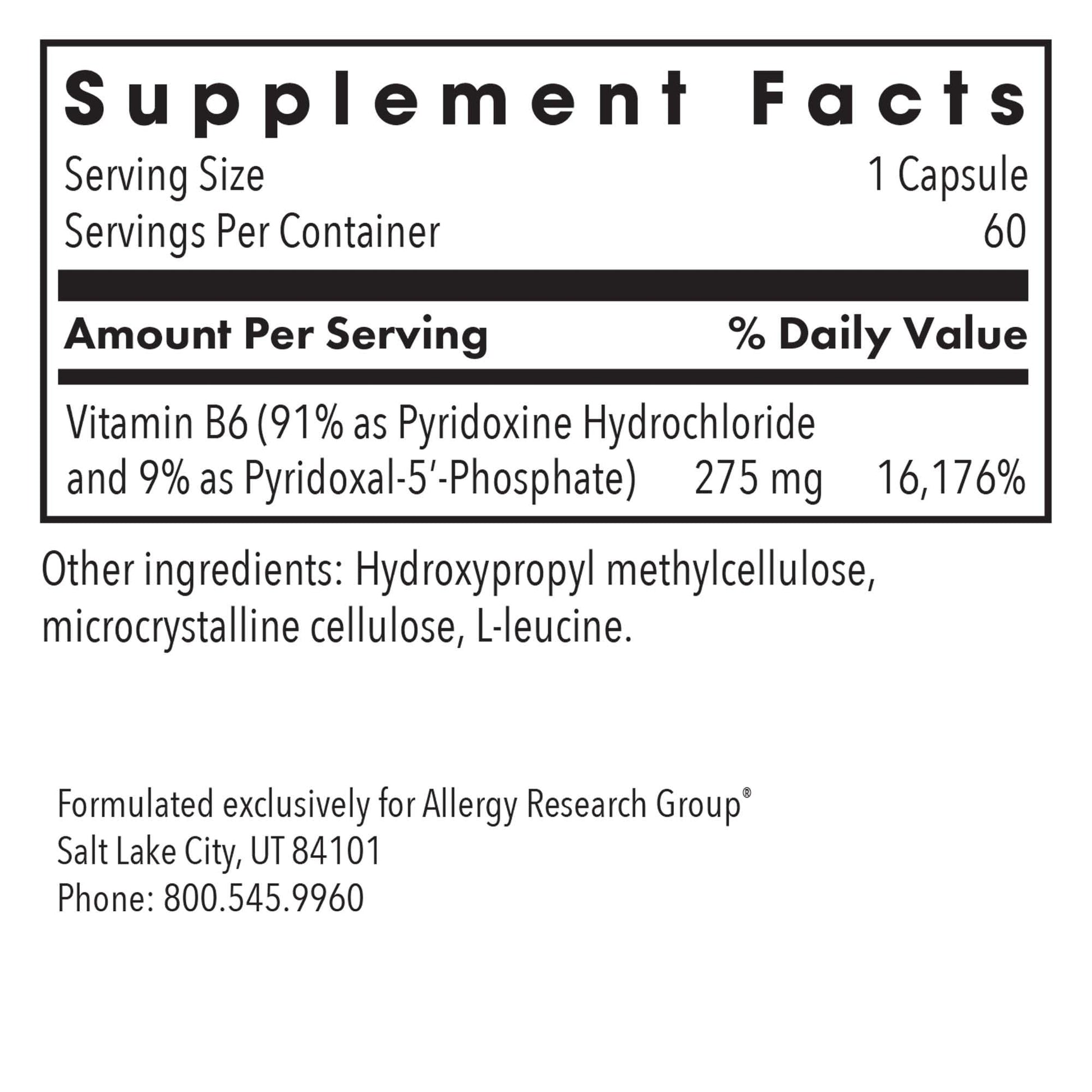Etiqueta frontal suplemento B6 activo Allergy Research Group