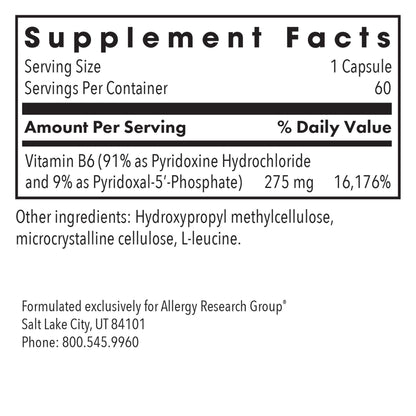 Etiqueta frontal suplemento B6 activo Allergy Research Group