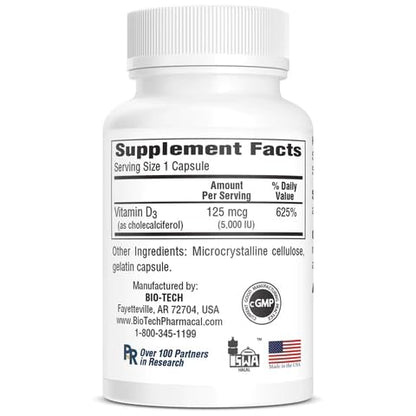 Etiqueta frontal suplemento Bio-Tech Pharmacal D3-5, salud ósea e inmunidad