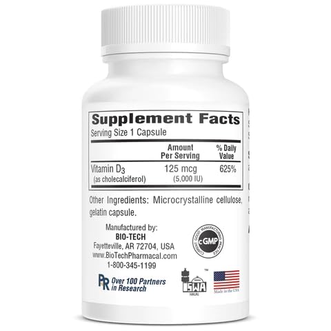 Etiqueta frontal suplemento Bio-Tech Pharmacal D3-5, salud ósea e inmunidad