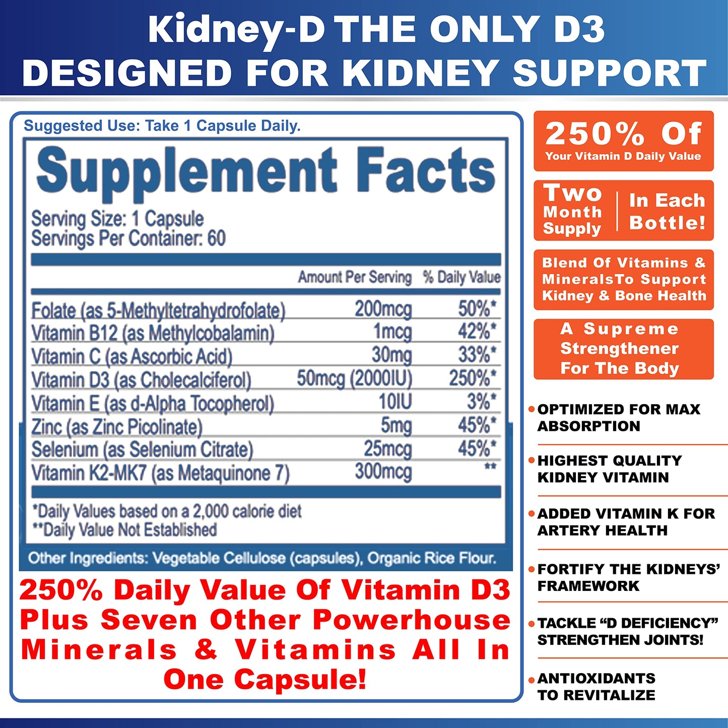 Etiqueta frontal suplemento Kidney-D vitamina D y nutrientes renales