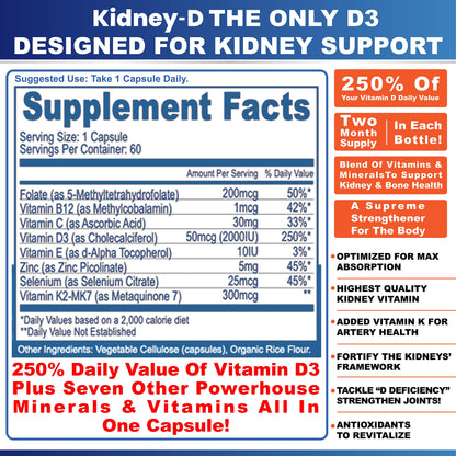 Etiqueta frontal suplemento Kidney-D vitamina D y nutrientes renales