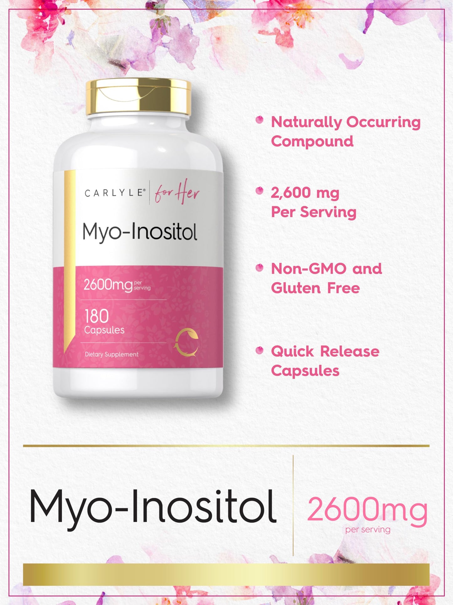 Etiqueta frontal suplemento mio-inositol 2600 mg Carlyle