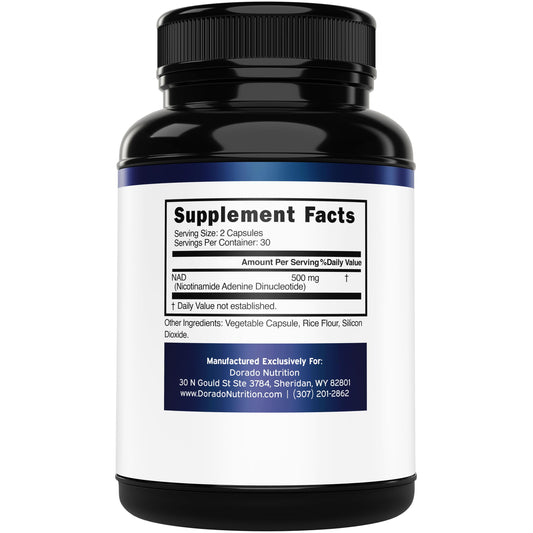 Etiqueta frontal suplemento NAD+ DORADO NUTRITION