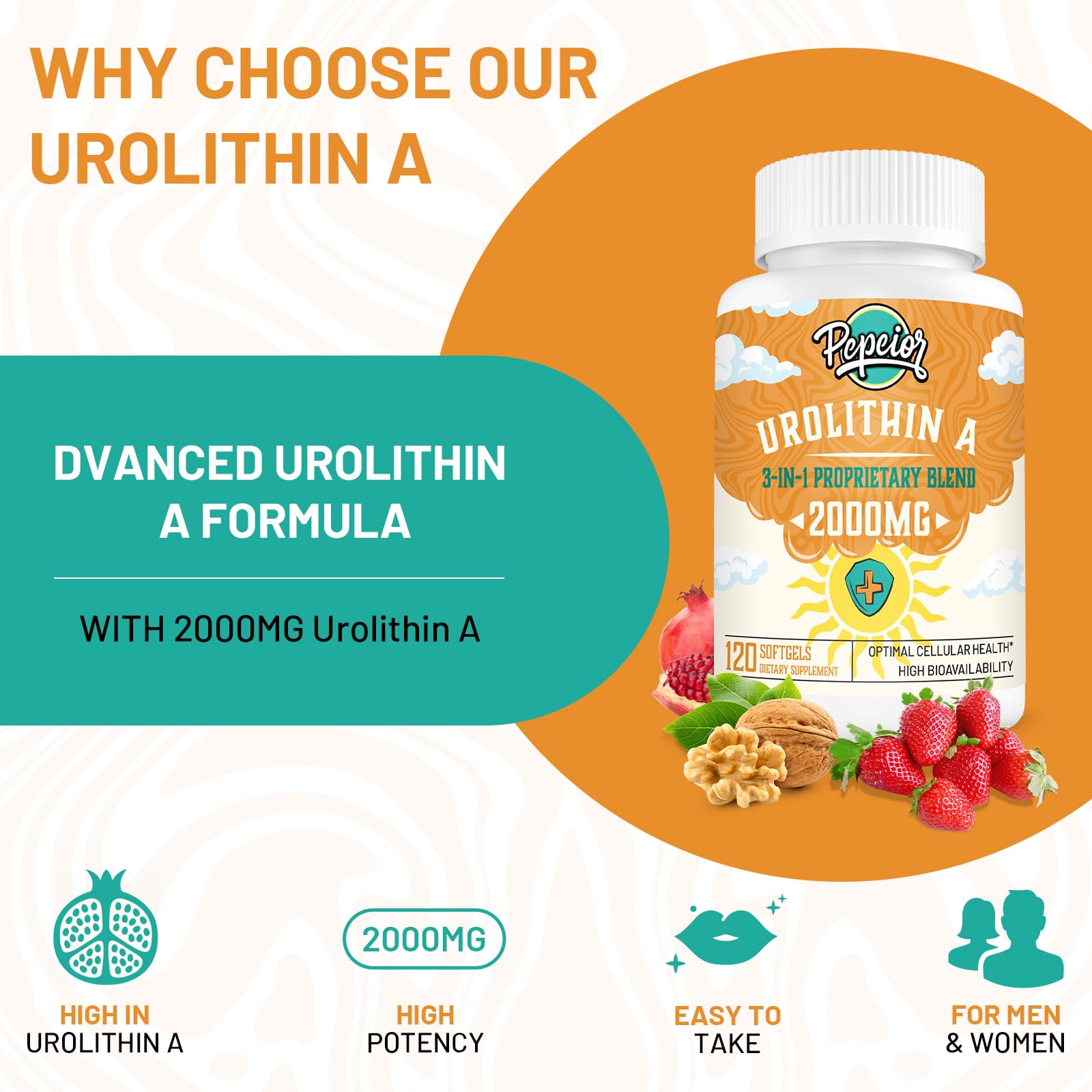 Etiqueta frontal suplemento urolitina a Pepeior