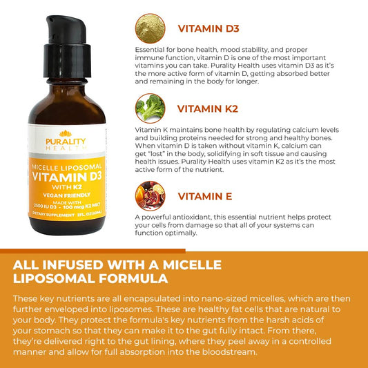 Etiqueta frontal suplemento vitamina d y k liquido Purality Health
