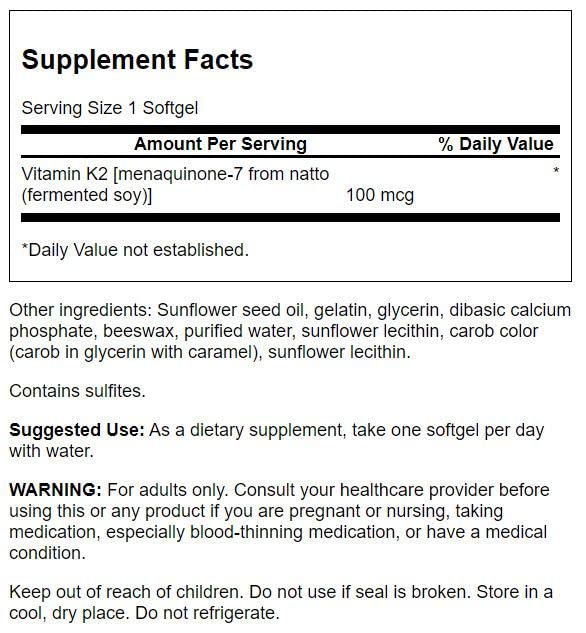Etiqueta frontal suplemento Swanson Vitamina K2 Menaquinona-7