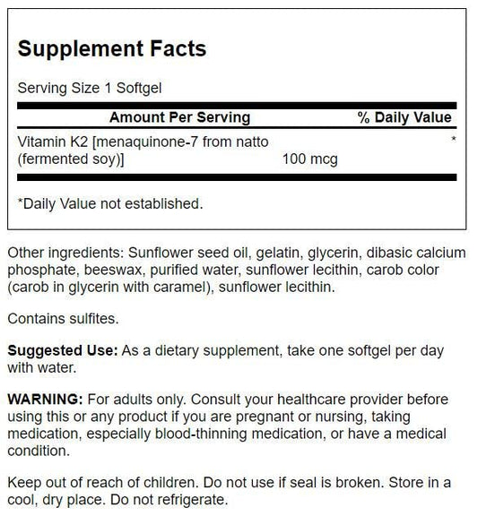 Etiqueta frontal suplemento Swanson Vitamina K2 Menaquinona-7