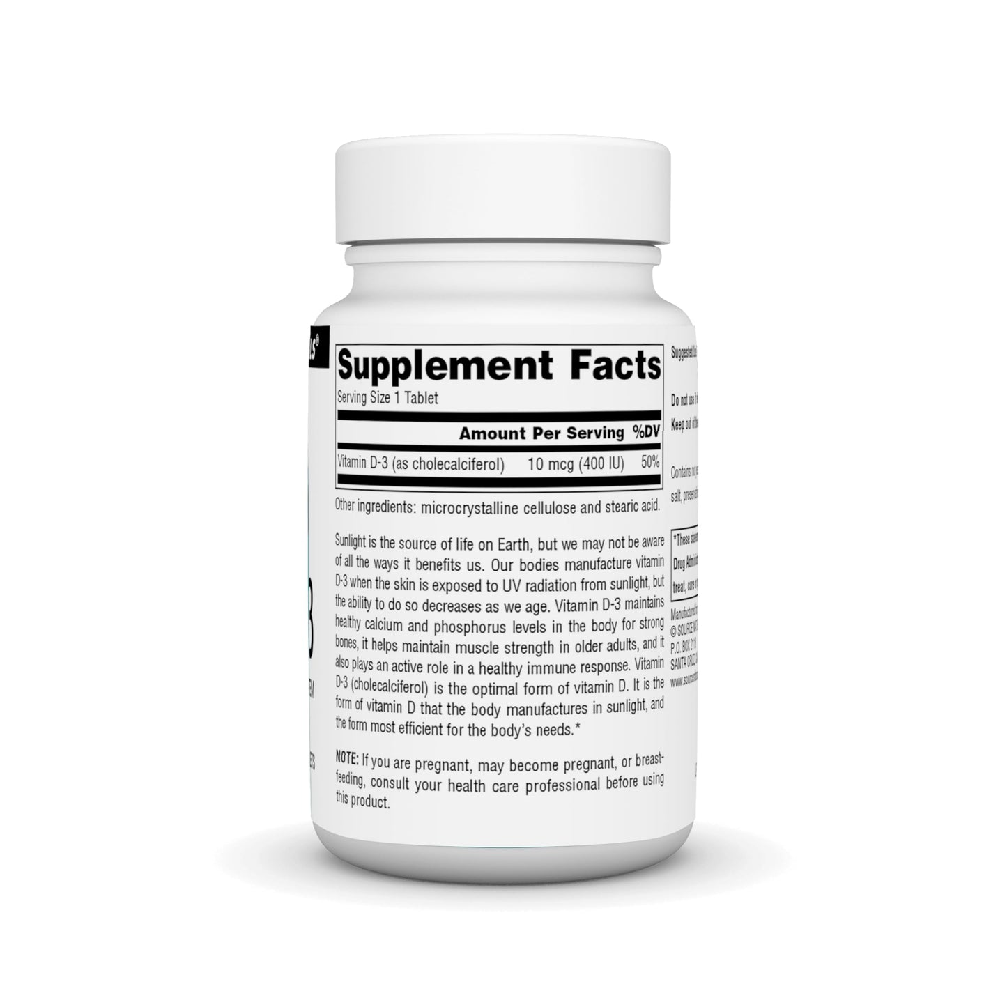 Etiqueta frontal tabletas vitamina d3 400 ui source naturals
