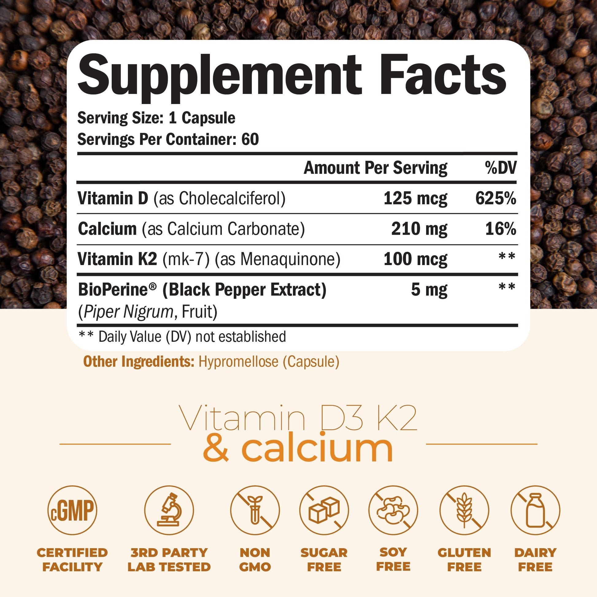 Etiqueta frontal Vimerson Health vitamina D3 K2 calcio cápsulas