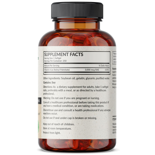 Etiqueta frontal vitamina A Futurebiotics 250 cápsulas