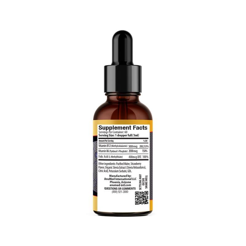 Etiqueta frontal vitamina B12 líquida AnuMed 5000 mcg
