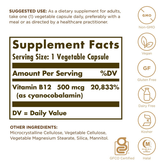 Etiqueta frontal suplemento vitamina B12 Solgar 100 cápsulas