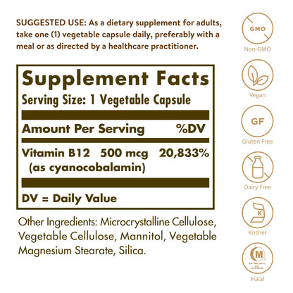 Etiqueta frontal suplemento Vitamina B12 Solgar 500 mcg