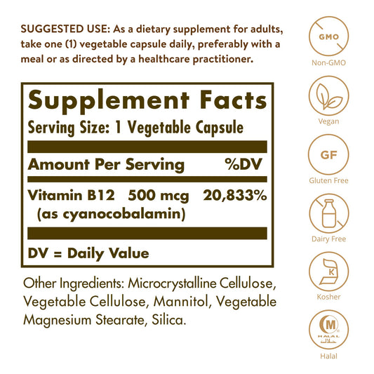 Etiqueta frontal suplemento Vitamina B12 Solgar 500 mcg