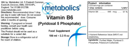 Etiqueta frontal vitamina B6 líquida Metabolics sin añadidos