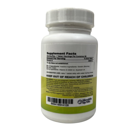 Etiqueta frental Vitamina D3 HEALTH BY ME 4000 IU