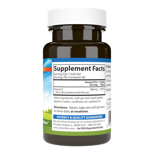 Etiqueta frontal de vitamina E 400 UI Carlson E-Gems