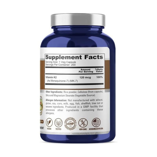 Etiqueta frontal suplemento vitamina K2 NusaPure MK7 vegano