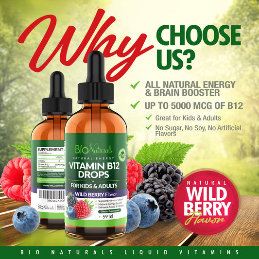 Etiqueta frontal vitaminas B12 Bio Naturals para energía y cerebro