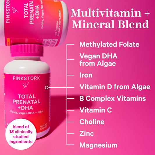 Etiqueta frontal vitaminas prenatales Pink Stork Total Prenatal