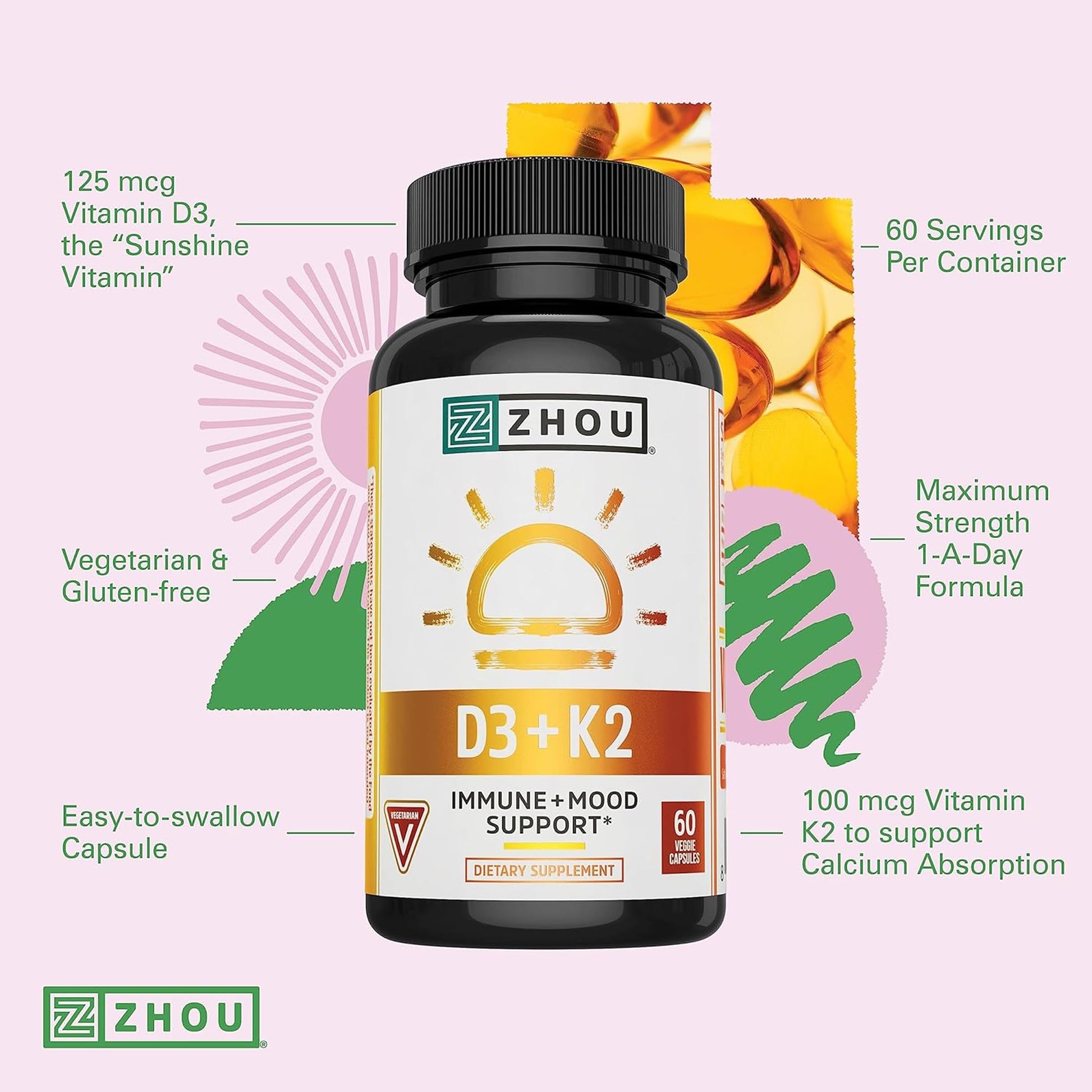 Etiqueta frontal Zhou suplemento vitamina D3 K2 vegano