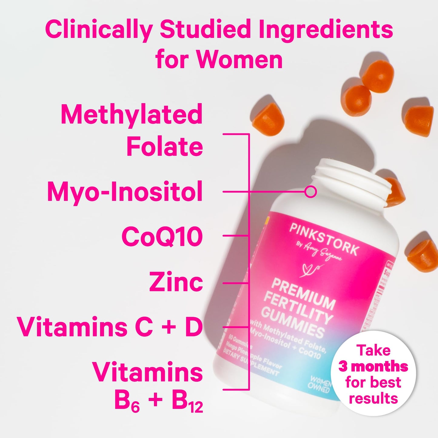 Etiqueta del suplemento Pink Stork gomitas para fertilidad