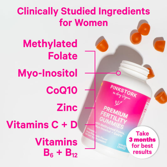 Etiqueta del suplemento Pink Stork gomitas para fertilidad
