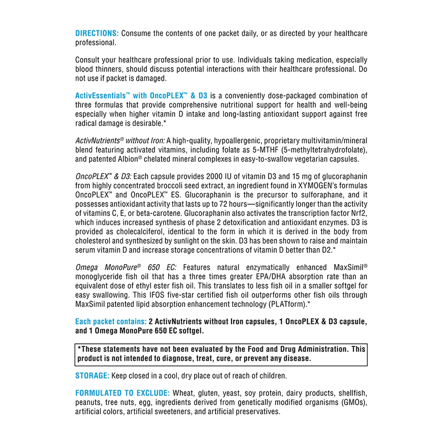 Etiqueta de hechos del suplemento ActivEssentials de XYMOGEN