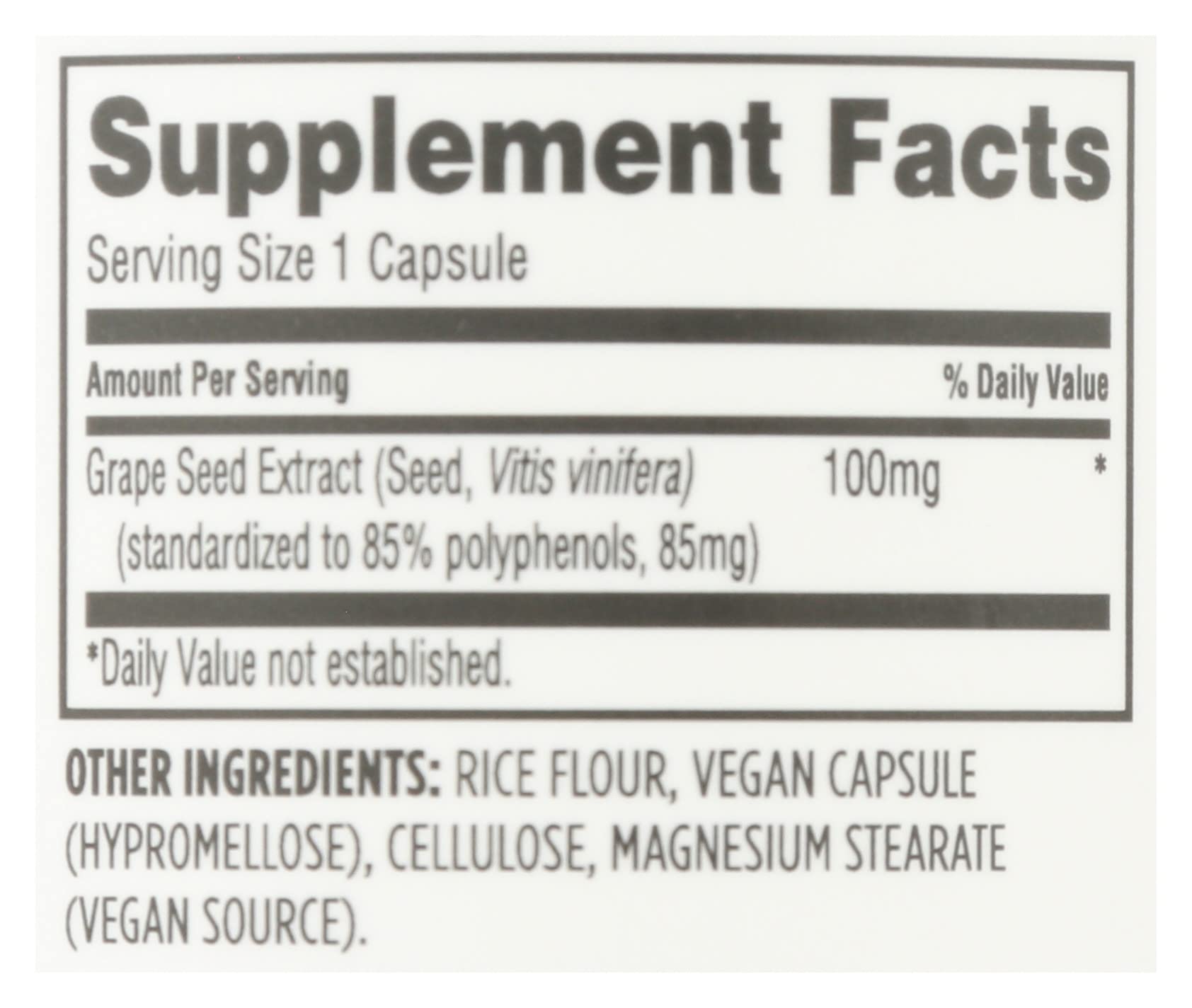 Etiqueta de información nutricional de extracto de semilla de uva.