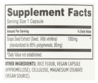 Etiqueta de información nutricional de extracto de semilla de uva.