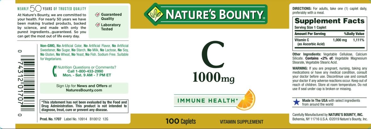 Etiqueta de información suplemento vitamina C Nature's Bounty