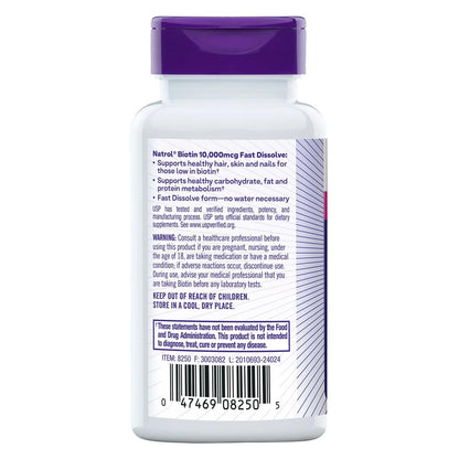 Etiqueta con ingredientes y beneficios de la biotina Natrol
