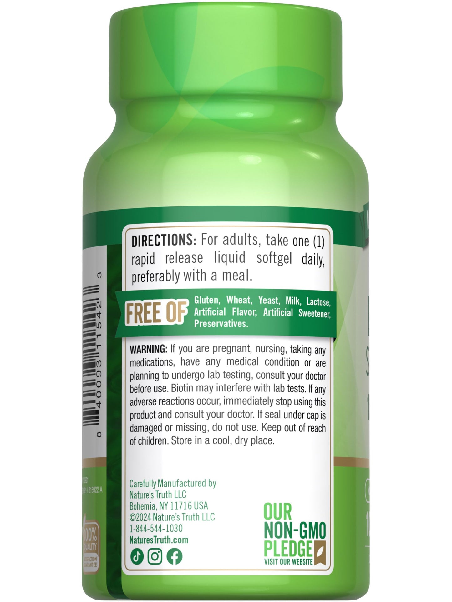 Etiqueta con ingredientes de Biotina Nature's Truth 100 cápsulas