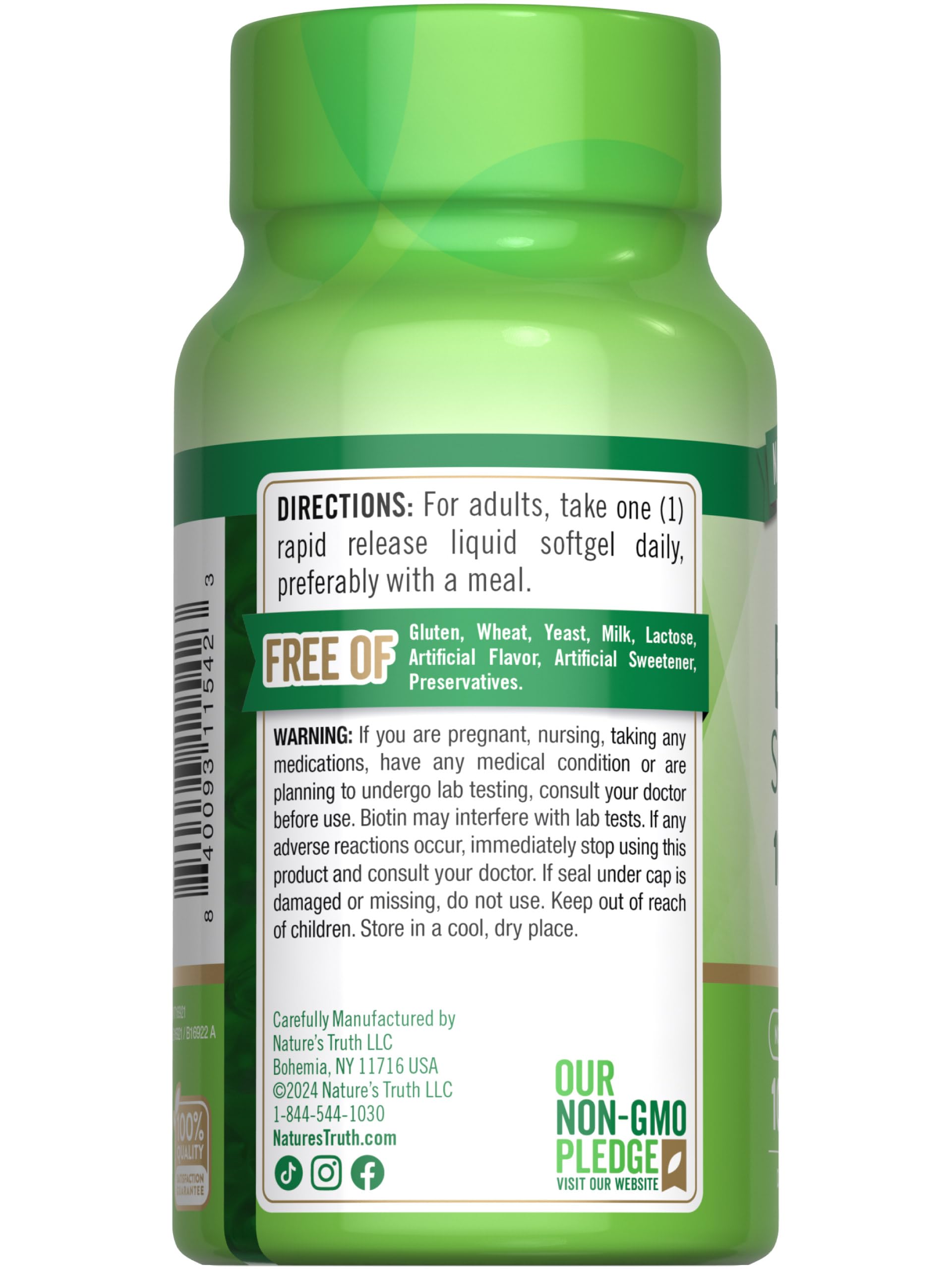 Etiqueta con ingredientes de Biotina Nature's Truth 100 cápsulas