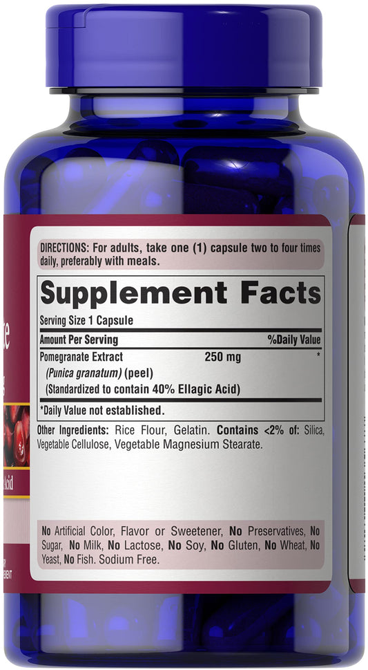 Etiqueta de ingredientes del extracto de granada 250 mg.