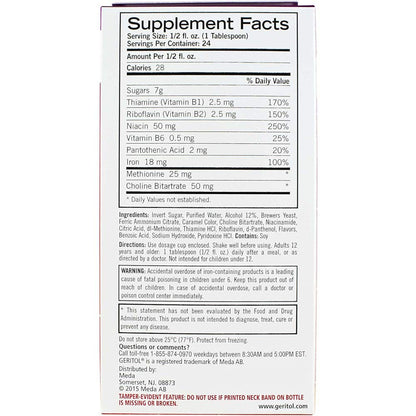 Etiqueta con ingredientes del Geritol líquido vitaminas B