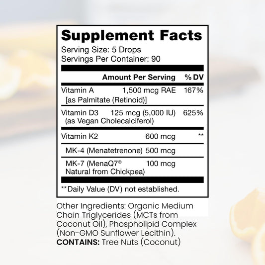 Etiqueta de ingredientes de las gotitas veganas A-D-K de Pure TheraPro