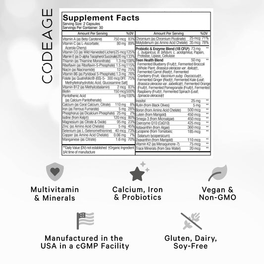 Etiqueta de ingredientes del multivitamínico Codeage
