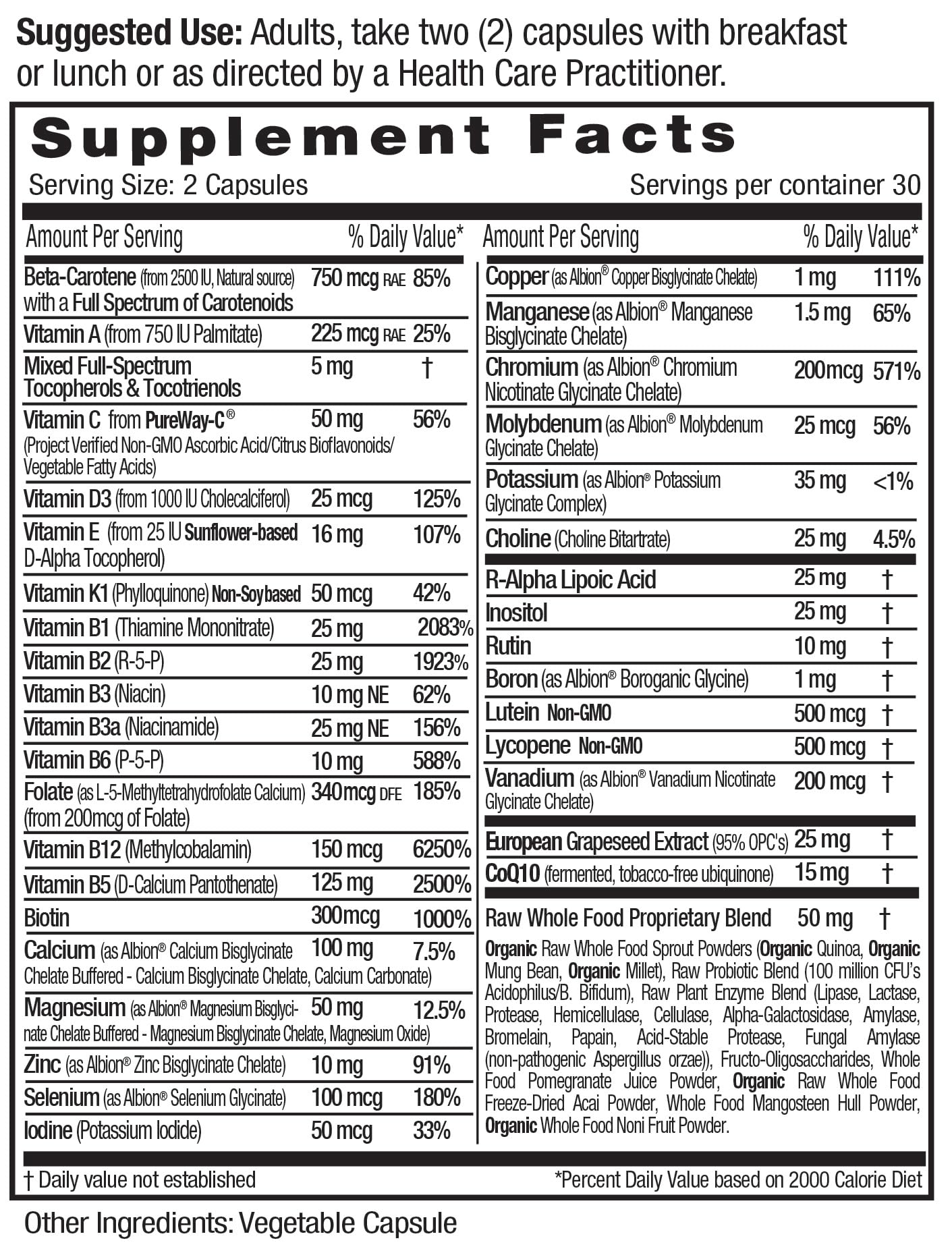 Etiqueta de ingredientes del multivitamínico Emerald Labs