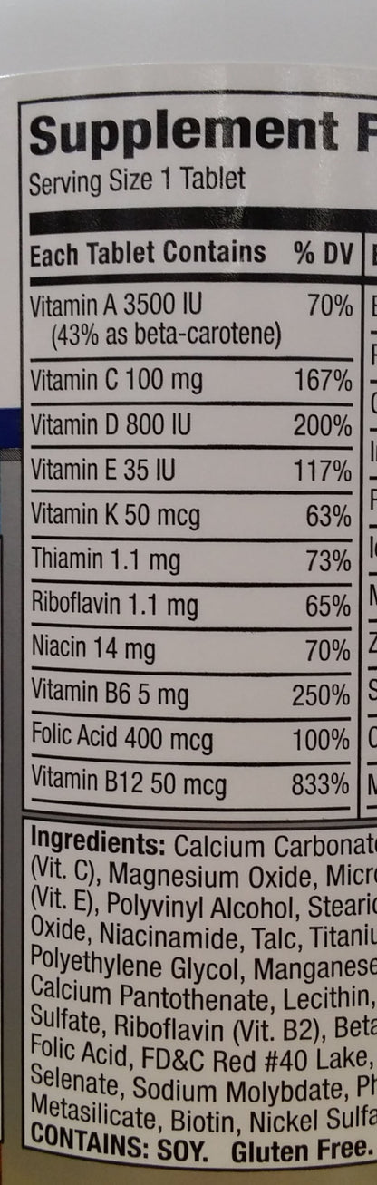 Etiqueta de ingredientes detallada para multivitamínico Equate.