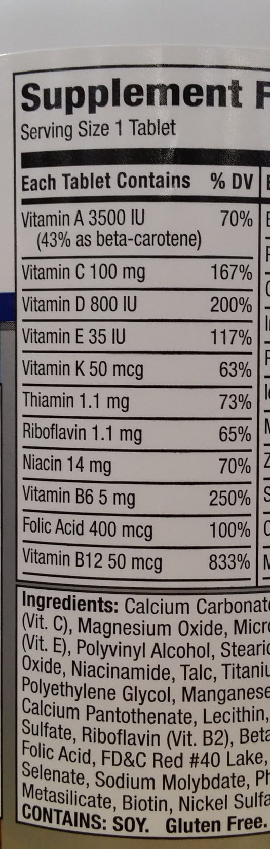 Etiqueta de ingredientes detallada para multivitamínico Equate.