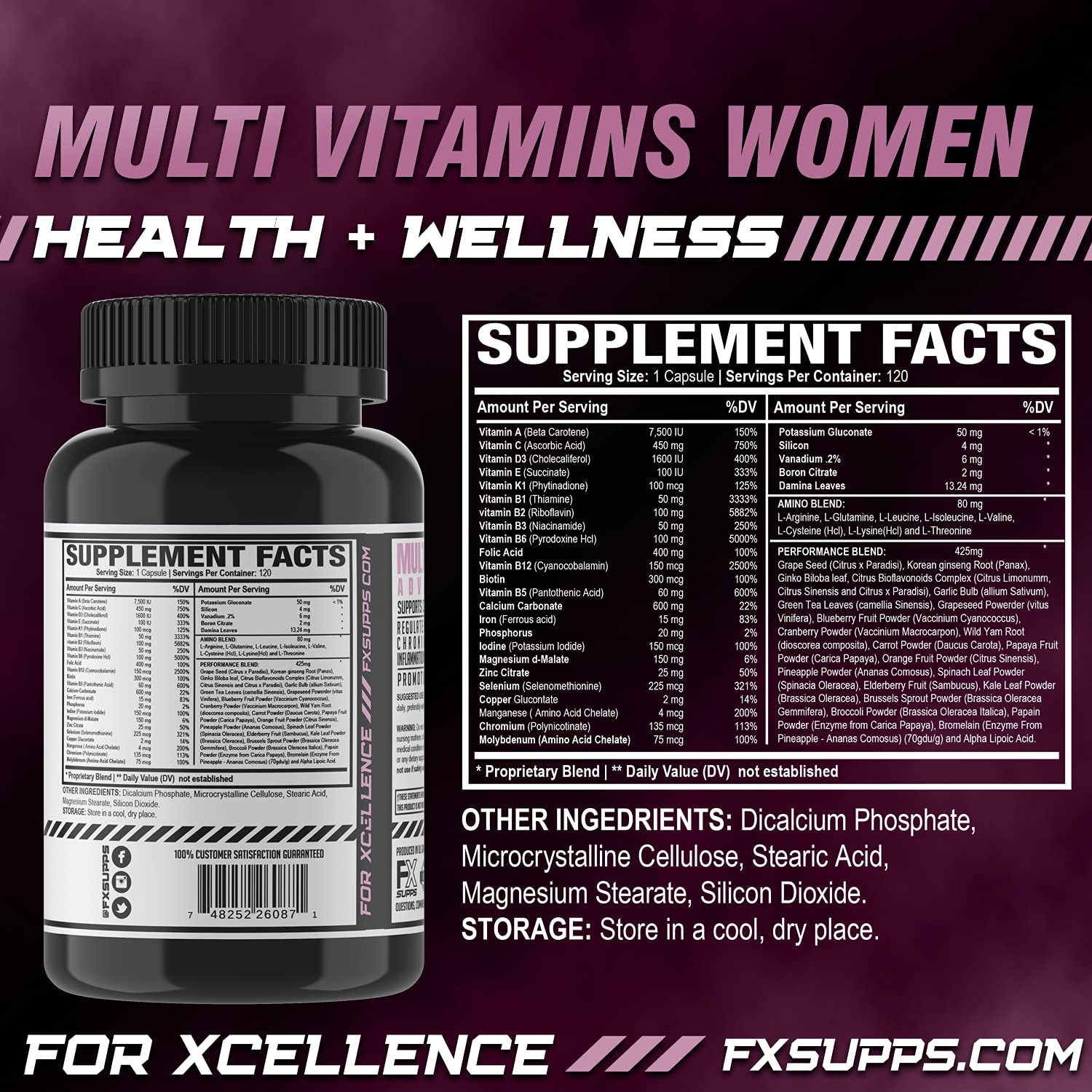 Etiqueta de ingredientes del multivitamínico FXSUPPS para mujeres.